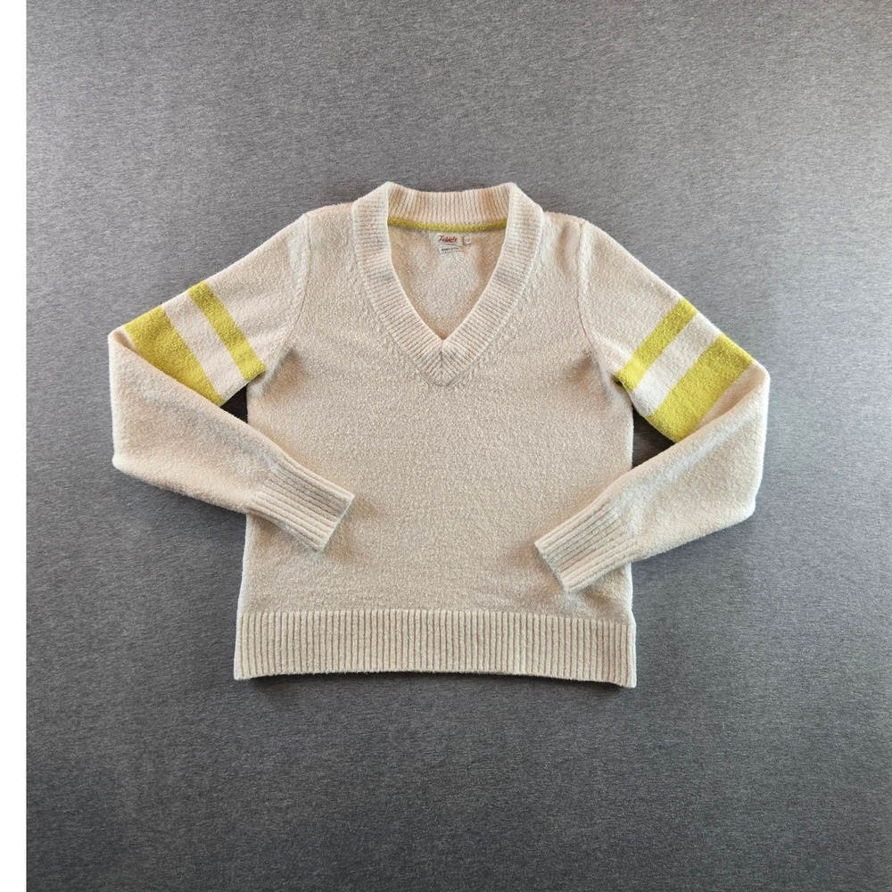 Faherty Throwback V-Neck Sweater Women Small Cream Yellow Stripe‎ Organic Cotton